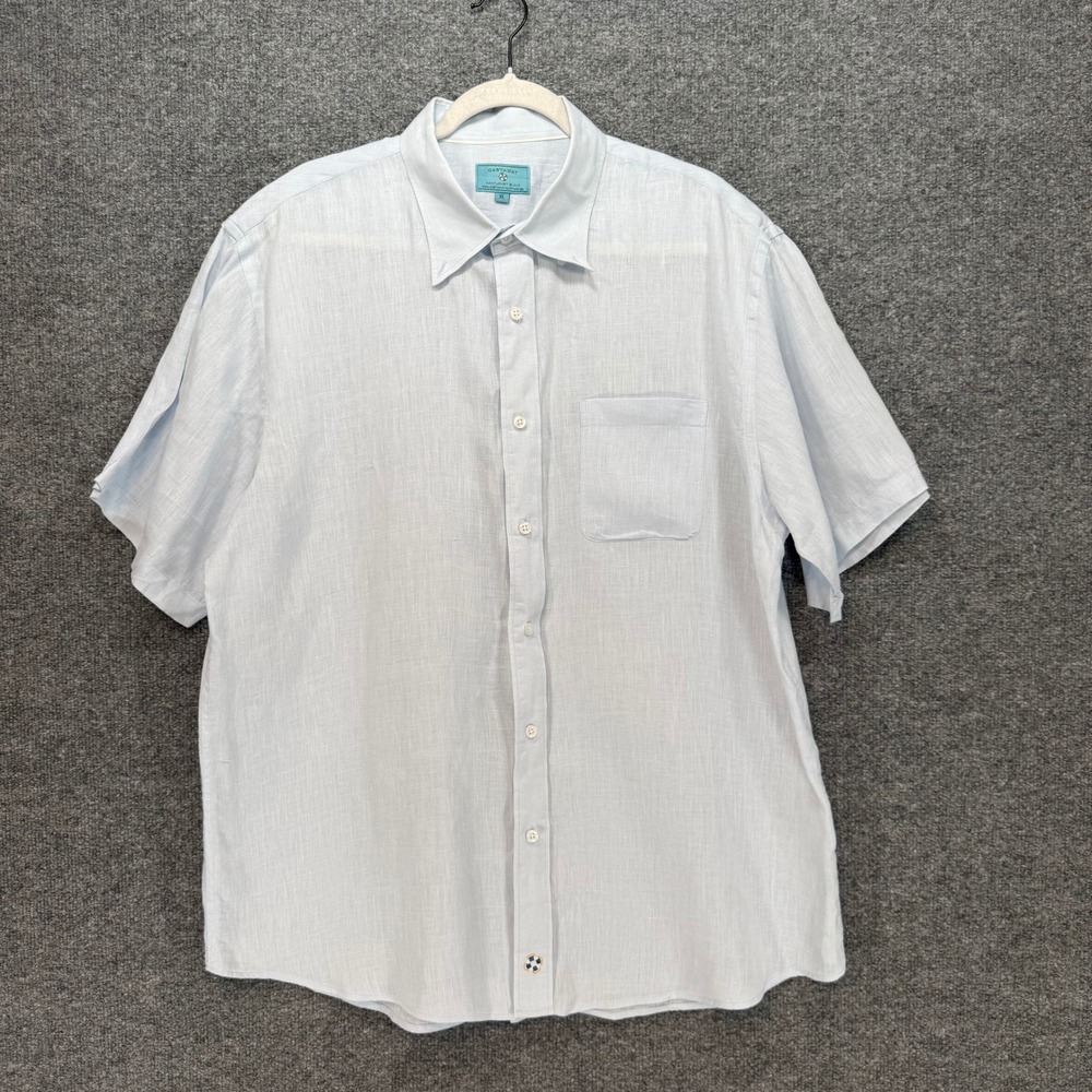 Castaway Nantucket Button Up Shirt Mens XL Blue 100% Linen Short Sleeve Coastal‎